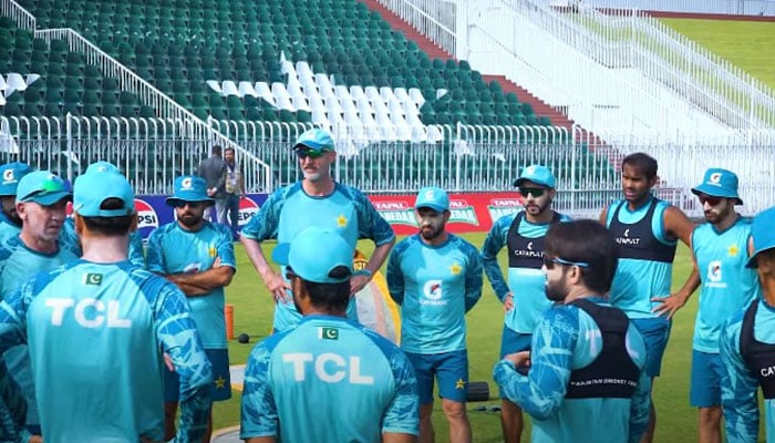 Pakistan team players pictured during a team huddle during a practice session ahead of their second Test against England at Rawalpindi Cricket Stadium on October 21, 2024. — Screengrab via Facebok/@pakistancricket