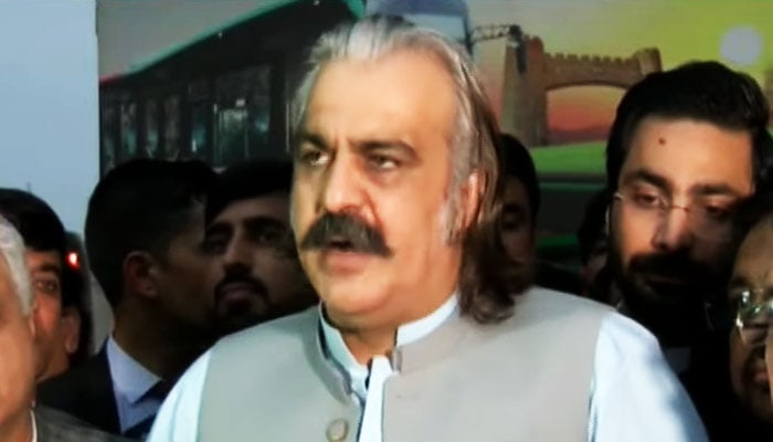 Khyber Pakhtunkhwa Chief Minister Ali Amin Gandapur addressing a presser in Peshawar on October 22, 2024. —Screengrab/ Geo News