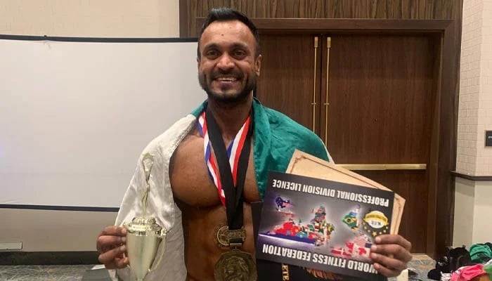 Pakistani bodybuilder Rameez Ibrahim celebrates after winning gold in Mr Universe 2024, World Fitness Federation, Las Vegas, USA. — Supplied