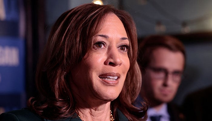 Democratic presidential nominee and US Vice President Kamala Harris speaks with the media at a campaign event in Royal Oak, Michigan, US, October 21, 2024. — Reuters