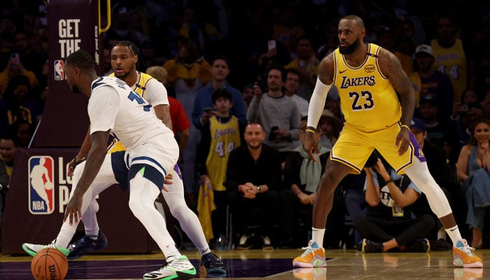 Los Angeles Lakers guard Bronny James (left) and forward LeBron James (right) in action during the second quarter against the Minnesota Timberwolves at Crypto.com Arena, Los Angeles, California, US on October 22, 2024. — Reuters