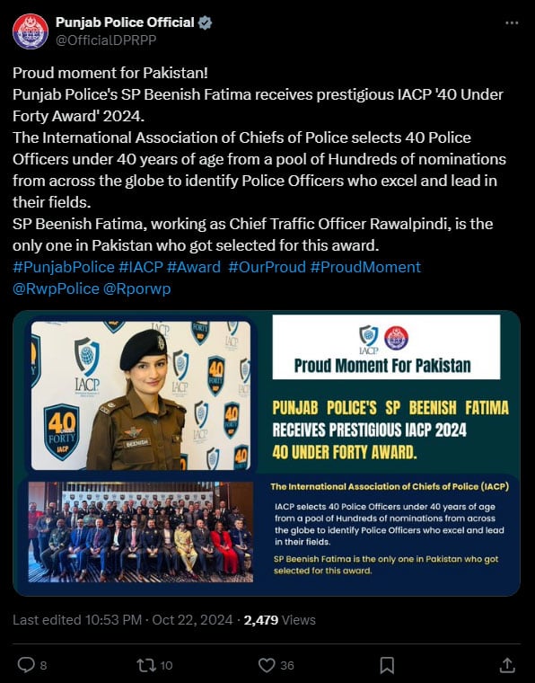 IACP honours Punjab cop Beenish Fatima with 40 Under 40 award