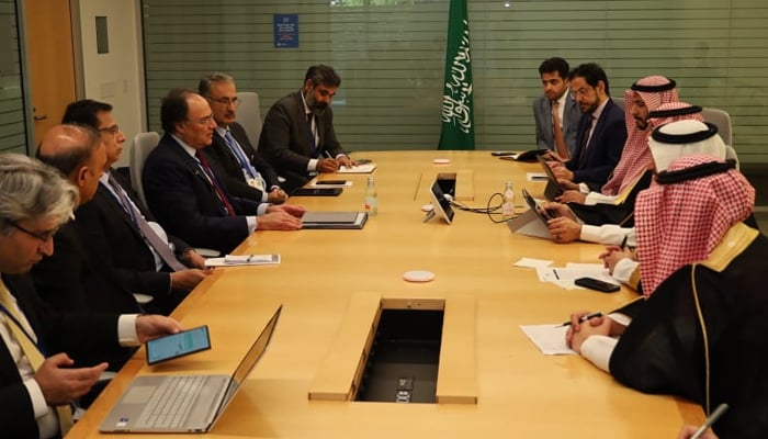 Finance Minister Muhammad Aurangzeb and Saudi Finance Minister Mohammed Aljadaan meet on the sidelines of the annual meetings of the World Bank and the IMF in Washington DC on October 23, 2024. — Ministry of Finance