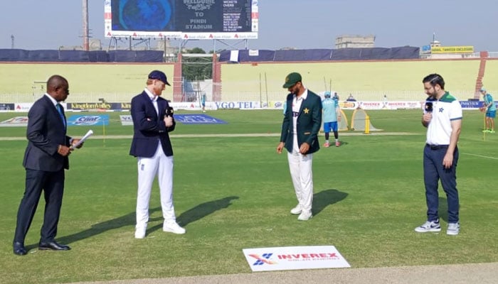 England captain Ben Stokes (second left) and Pakistans skipper Shan Masood pictured during the toss for the third Test against Pakistan at Rawalpindi Cricket Stadium on October 24, 2024. — Facebook@PakistanCricketBoard