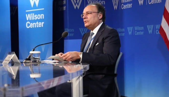 Finance Minister Muhammad Aurangzeb speaking at the Wilson Center in Washington DC on October 23, 2024. —Instagram/ @finance_ministry