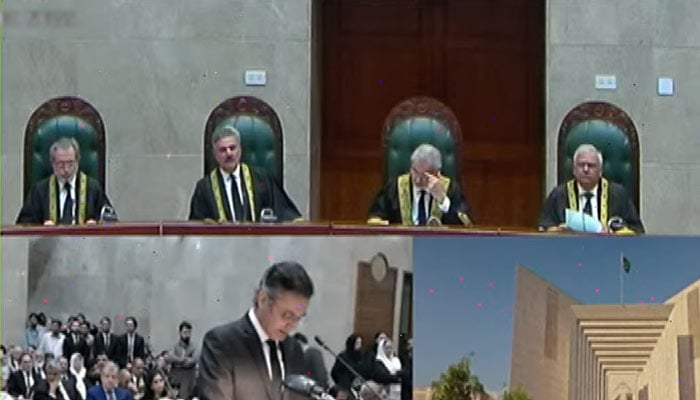 Supreme Court judges including CJP Qazi Faez Isa seen during the full court reference at the apex court.