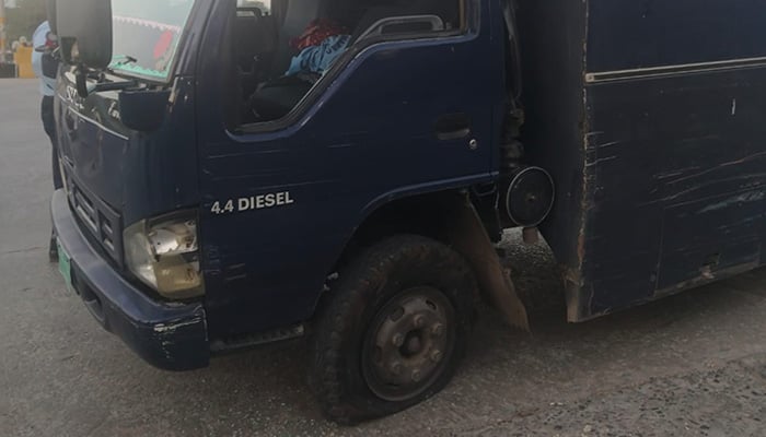 A prison van of Islamabad Police following the armed attack by unidentified assailants at Sangjani Toll Plaza on October 25, 2024. — Reporter