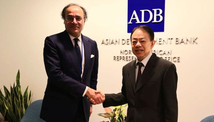 Finance Minister Muhammad Aurnagzeb shakes hands with ADB President Masatsugu Asakawa in this image released on October 26, 2024. — X@Financegovpk