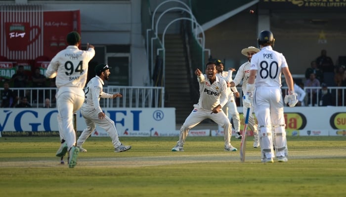 Pakistan players celebrate dismissal of England batter Zak Crawley in Rawalpindi on October 26, 2025. —PCB