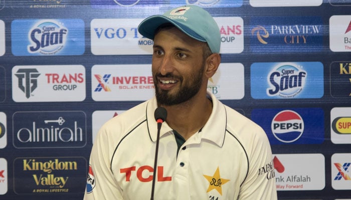 Pakistans skipper Shan Masood speaks at a post-match press conference after winning the Test series against England on October 26, 2024. — PCB