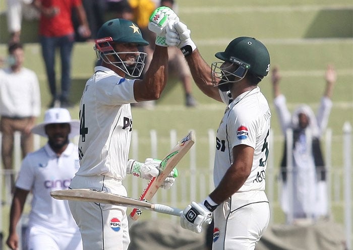 Skipper Shan Masood (left) and Abdullah Shafique celebrate after Pakistans home series win against England at Rawalpindi Cricket Stadium on October 26, 2024. — Facebook/@PakistanCricketBoard