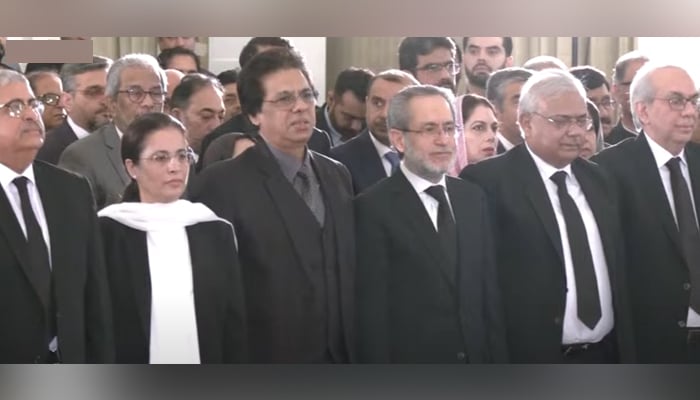 Supreme Court judges can be seen in attendance during the oath-taking ceremony of CJP Yahya Afridi (not pictured), at the Aiwan-e-Sadar in Islamabad, on October 26, 2024. — Screengrab via Geo News