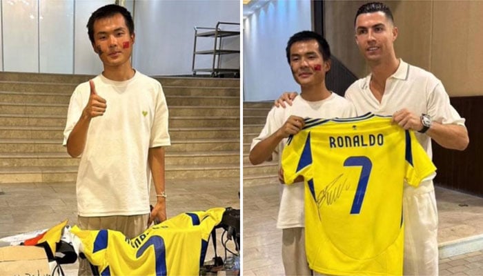 Gong posing with his signed Al Nassr No 7 jersey (L) and posing for a picture with world renowned footballer, Cristiano Ronaldo outside the Al Nassr Football Club on Oct 20, 2024. — Instagram/@van_authentic