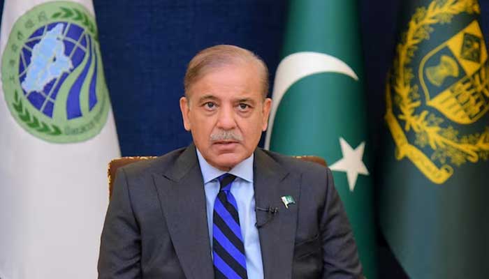 Prime Minister Shehbaz Sharif, addresses 23rd Shanghai Cooperation Organisation Summit, hosted virtually by India, in Islamabad, Pakistan July 4, 2023. — Reuters