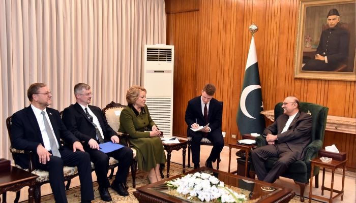 Parliamentary delegation led by Speaker of the Russian Federation Council Valentina Matvienko calls on President Asif Ali Zardari at Aiwan-e-Sadr on October 28, 2024. — PID