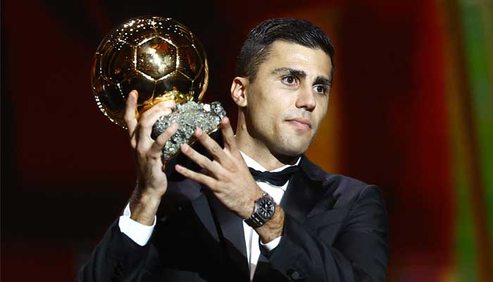 Spains and Manchester Citys Rodri with his Ballon dOr award at the Theatre du Chatelet, Paris, France on October 28, 2024. — Reuters