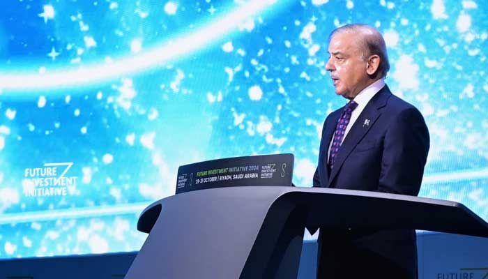 Prime Minister Shehbaz Sharif addressing plenary session of 8th edition of two-day Future Investment Initiative (FII) being held in Riyadh, October 29, 2024. — X/@CMShehbaz