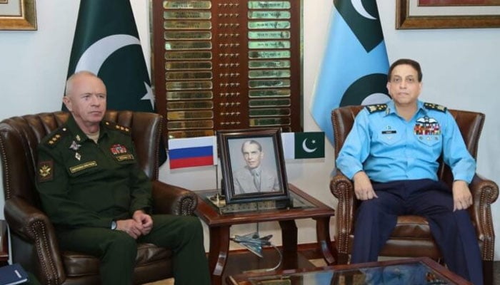 Russias Deputy Defence Minister Colonel General Aleksandr V Fomin (left) meets Chief of the Air Staff Air Chief Marshal Zaheer Ahmed Baber Sidhu at PAF’s Air Headquarters in Islamabad on October 29, 2024. —APP