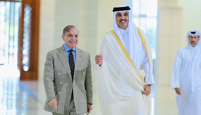 PM Shehbaz Sharif (left) meets Qatar Emir Sheikh Tamim bin Hamad Al Thani in Doha on October 31, 2024. — PID