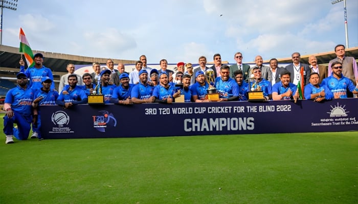 Indian blind cricket team pose for a group photo after winning Blind Cricket T20 World Cup 2024. — CABI website