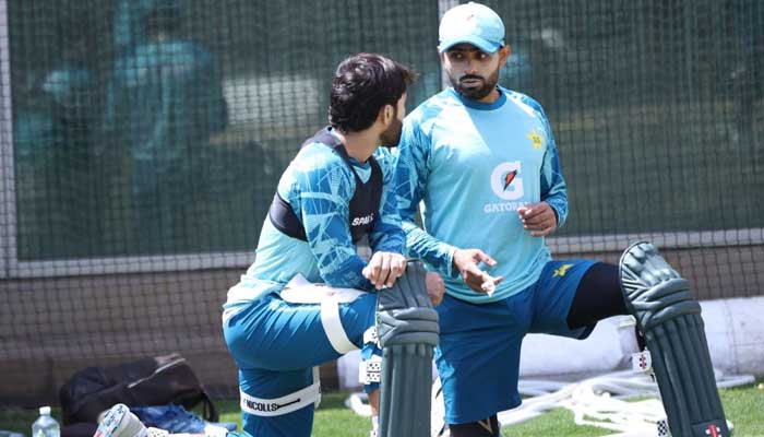 Pakistan skipper Mohammad Rizwan (left) pictured alongside Babar Azam during a practice session ahead of their ODI series against Australia in this image released on November 2, 2024. — Facebook@PakistanCricketBoard