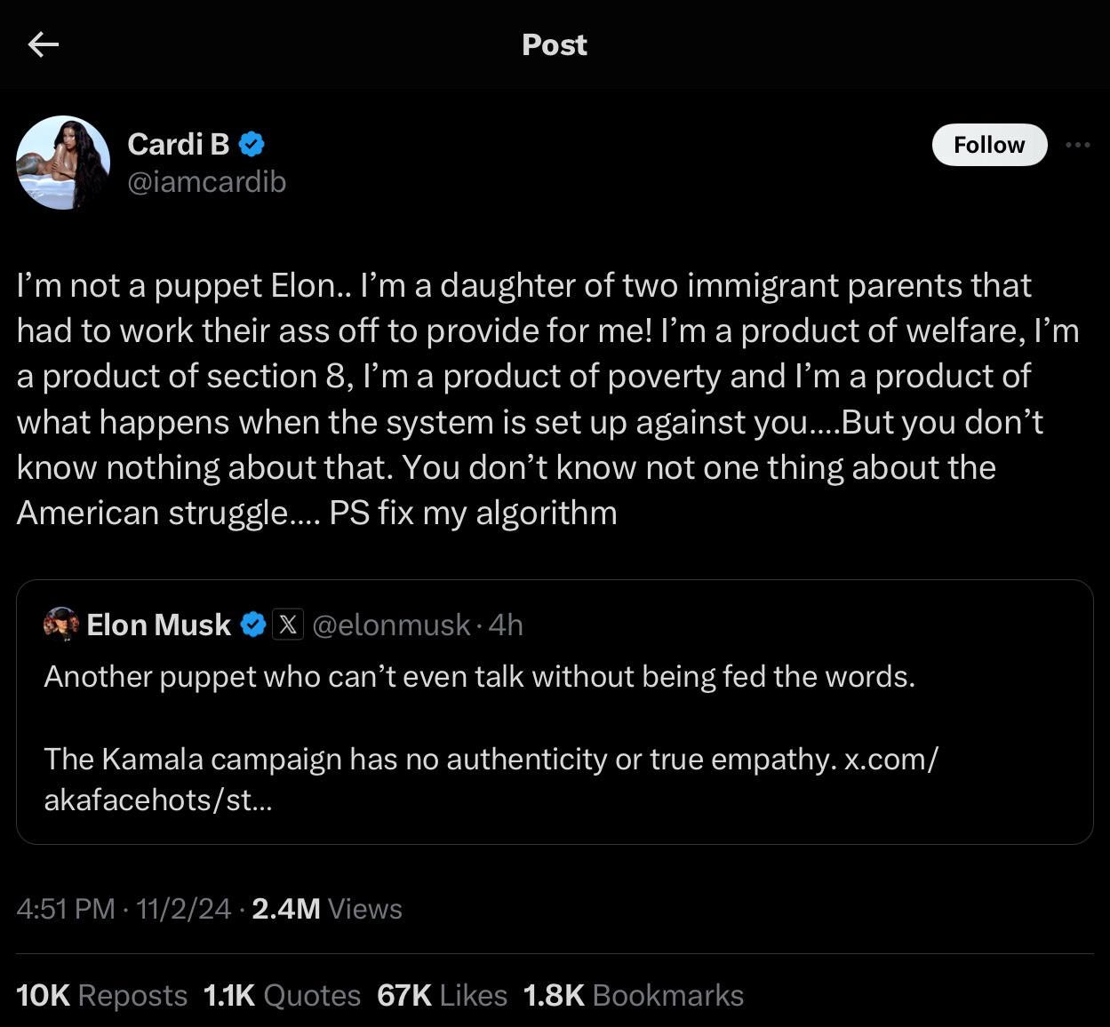 Puppet Cardi B claps back at Elon Musks inauthentic Kamala Harris claim