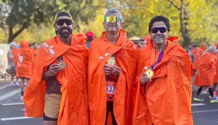 Pakistani-American runners Yawar Siddiqui (left), Fasih Ul Saleh (centre) and Dr Salman Khan pose with their medals after the New York City Marathon in New York, US, on November 3, 2024. — Supplied