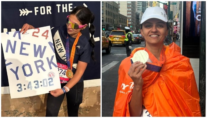 A combination of images shows  Norwegian-Pakistani runner Khoula Ahmed (left) and Karachi-based runner Kaukab Sarwar with their medals after the New York City Marathon in New York, US, on November 3, 2024. — Supplied