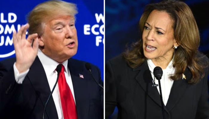 Republican candidate and former US president Donald Trump and US VP Kamala Harris speak at separate events in these undated images. — AFP/File