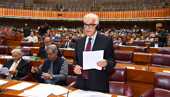 Minister for Defence Khawaja Muhammad Asif presenting a bill in National Assembly, Islamabad, November 4, 2024. — X/@NAofPakistan