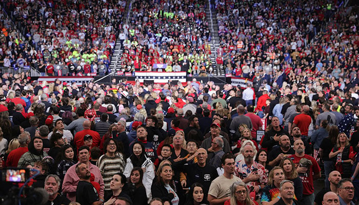 Republican presidential nominee and former U.S. President Donald Trump reacts at a campaign rally at PPG Paints Arena in Pittsburgh, Pennsylvania, U.S., November 4, 2024. — Reuters