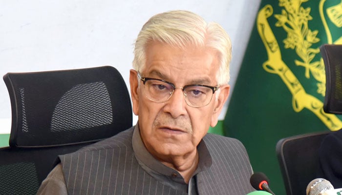 Federal Minister for Defence Khawaja Asif addressing a press conference in Islamabad on May 9, 2024. — Online