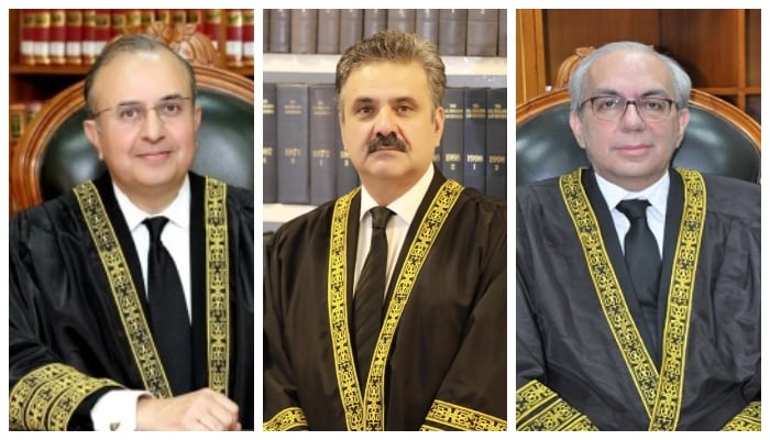 (Left to right) Supreme Courts Justice Mansoor Ali Shah, CJP Yahya Afridi and Justice Munib Akhtar. — SC website/File