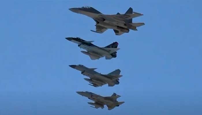 Pakistan Air Force (PAF) and  Chinas Peoples Liberation Army Air Force (PLAAF) fighter jets pictured during Indus Shield-Chinese exercise in this released on November 5, 2024. — Screengrab via YouTube@ISPR