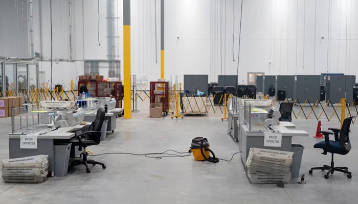 Desks are unoccupied at Fulton County Operations Hub and Elections Center the day before the US presidential election, in Atlanta, Georgia US, November 4, 2024. — Reuters