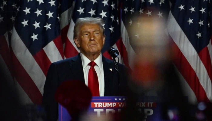 US president-elect Donald Trump takes the stage following early results from the 2024 US. presidential election in Palm Beach County Convention Centre, in West Palm Beach, Florida, US, November 6, 2024. — Reuters