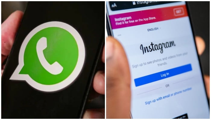 A combination of images show the WhatsApp logo displayed on a phone screen (left) and Instagram displayed on another phone screen. — Unsplash