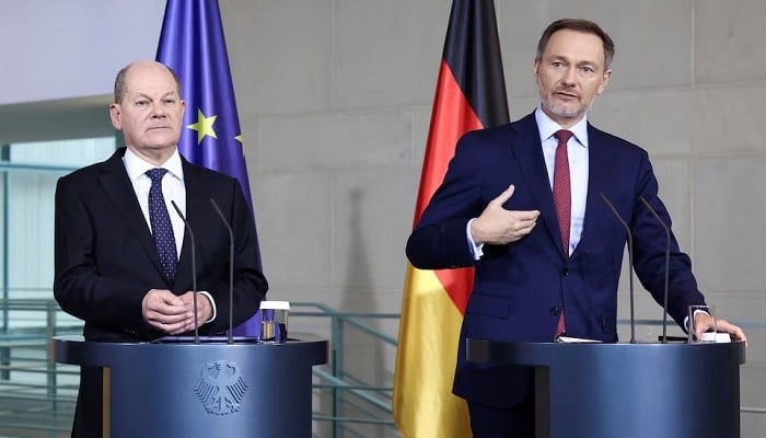 German Finance Minister Christian Lindner with Chancellor Olaf Scholz, in Berlin, Germany, December 13, 2023. — Reuters