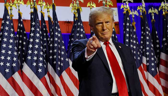 US President-elect Donald Trump takes the stage to address supporters at his rally, at the Palm Beach County Convention Center in West Palm Beach, Florida, US, November 6, 2024. — Reuters