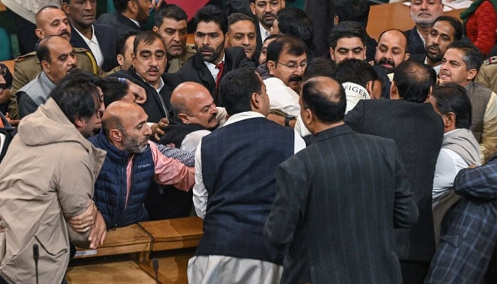 Members of newly-elected legislative body in IIOJK scuffle over fresh resolution moved for restoration of regions special status on November 7, 2024.. — Kashmir Observer