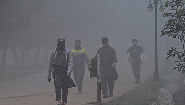 People walk around a park amid heavy smoggy conditions in Lahore on November 7, 2024. — AFP