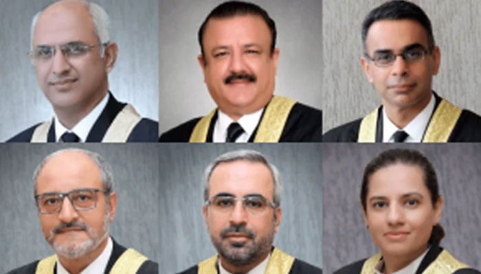 (Clockwise) IHCs Justices Mohsin Akhtar Kiani, Tariq Mahmood Jehangiri, Babar Sattar, Ijaz Ishaq Khan, Arbab Muhammad Tahir and Saman Riffat.— IHC website/file