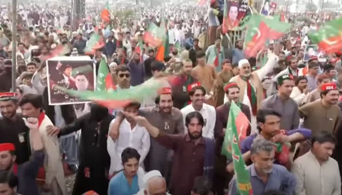 PTIs supporters listening to their leaders during Swabi power show on November 9, 2024. — YouTube/GeoNews/screengrab