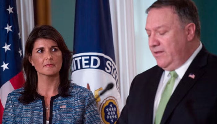 Nikki Haley and Mike Pompeo at the US Department of State in Washington DC on June 19 2018. — AFP