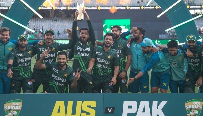 Pakistan´s players celebrate winning the series after their victory in the third ODI cricket match between Australia and Pakistan at Perth Stadium in Perth on November 10, 2024. — AFP