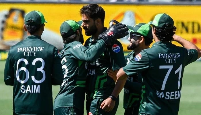 Pakistans team celebrates with Haris Rauf during their second ODI against Australia at Adelaide Oval on November 8, 2024. — Facebook/Pakistan Cricket Team