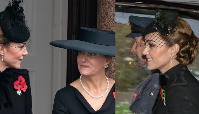 Kate looked elegant in a black military-style coat and a netted hat