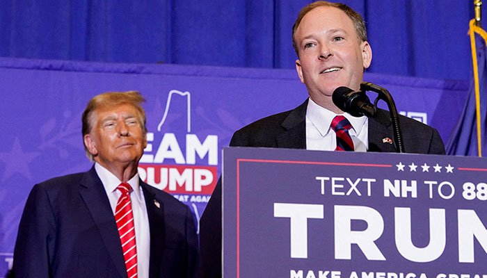 President-elect Donald Trump reacts as former US Representative Lee Zeldin speaks at a rally ahead of the New Hampshire primary election in Concord, New Hampshire, US January 19, 2024.  — Reuters