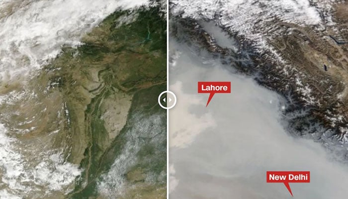 A view of Pakistans Lahore and Indias New Delhi from space showing before (L) and after (R) smog atmospheres in the cities. — Nasa Worldview