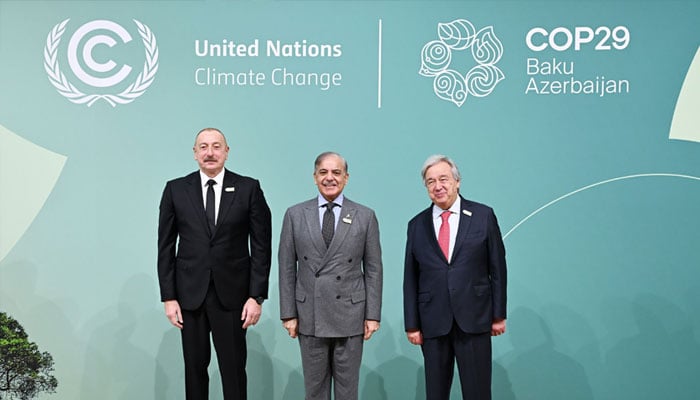 Secretary General United Nations Antonio Guterres and President of Azerbaijan Ilham Aliyev receives Prime Minister Shehbaz Sharif upon his arrival at the inaugural session of COP29 Climate Action Summit in Baku, Azerbaijan on November 12, 2024. — PID